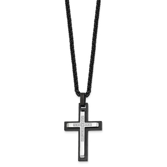 Stainless Black CZ Cross & Wheat Chain