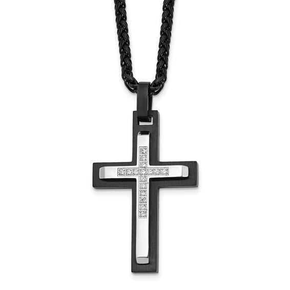 Stainless Black CZ Cross & Wheat Chain